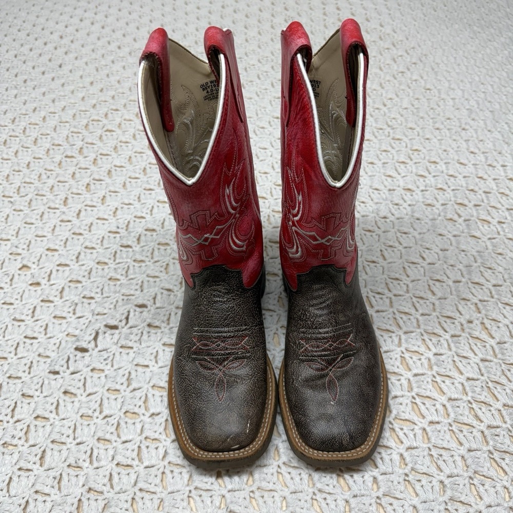 Old West Red Leather Broad Square Toe Boot Kids Boys Size 4 D Red Brown BSY1913 - Picture 7 of 11